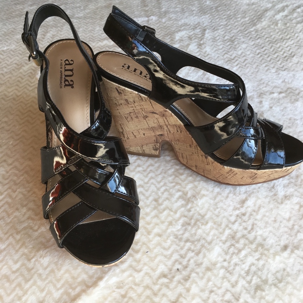 Ana 7 Black Patent Leather Strappy Cork Wedges